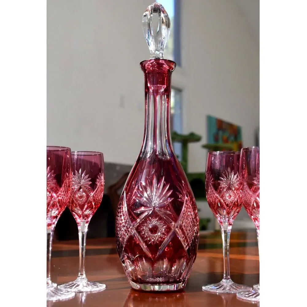 Nachtmann Traube Wine Decanter with Stopper and 6 Cranberry Tall Sherry Glasses